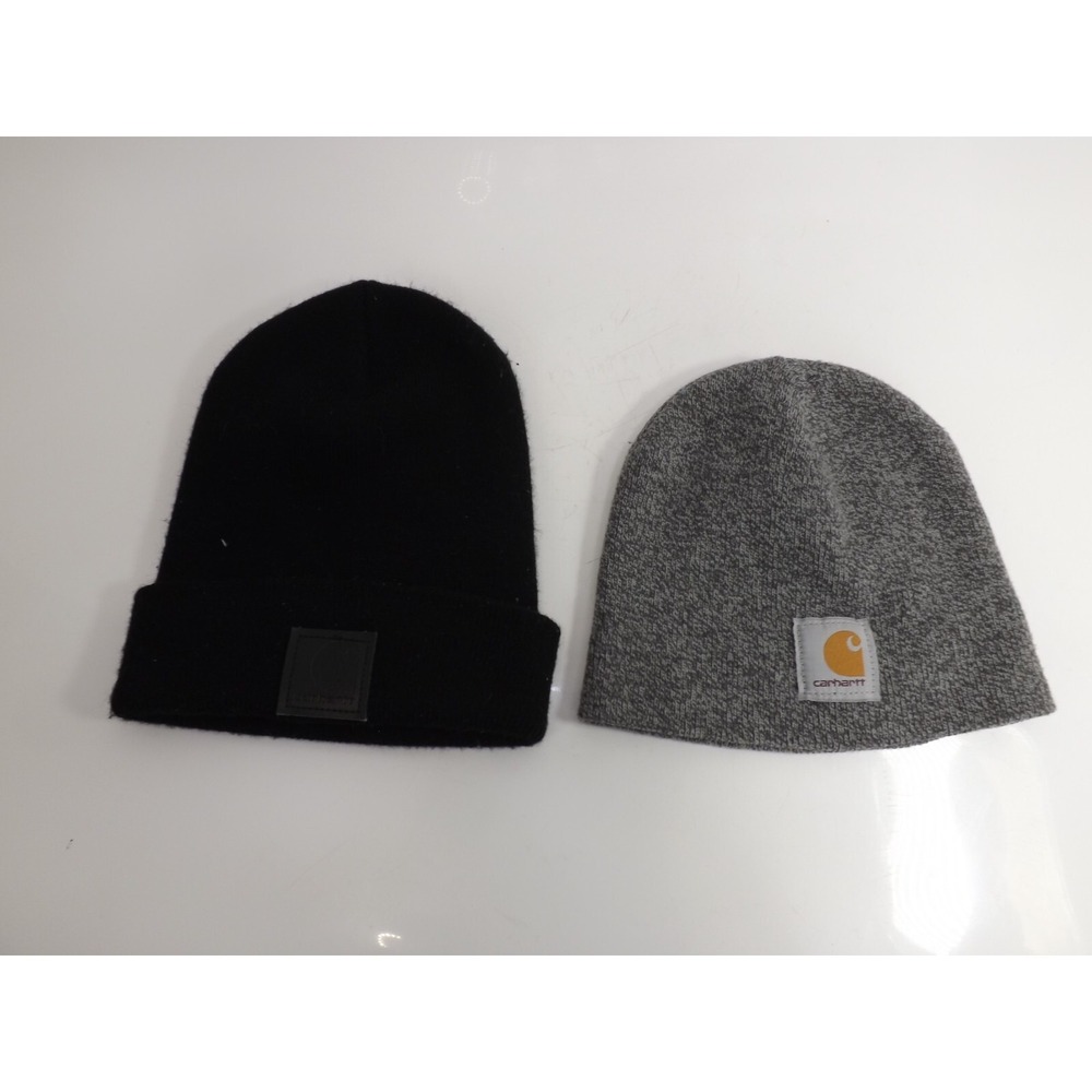2 Hats- Carhartt beanie winter hats Grey w/ Promo logo & cuffed black - One size